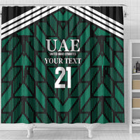 Green UAE football shower curtain with “UAE” crest, chevron pattern and “2”