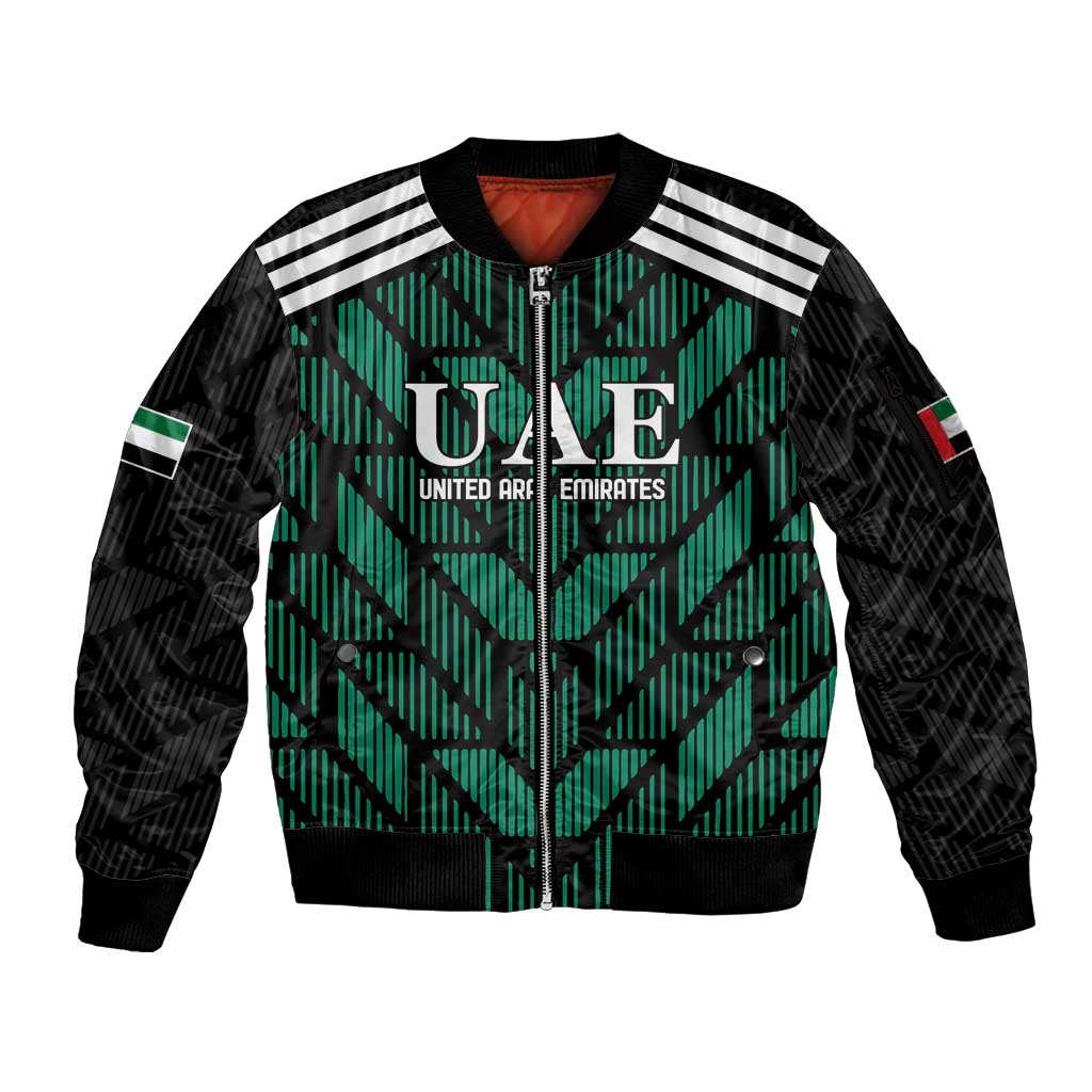 Unisex green/black zip bomber jacket with ribbed collar, UAE crest, and striped shoulders