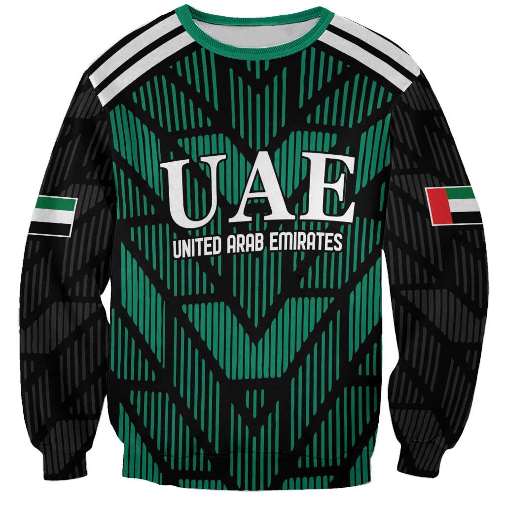 Green-and-black football sweatshirt with crew neck, striped shoulders, UAE crest front print