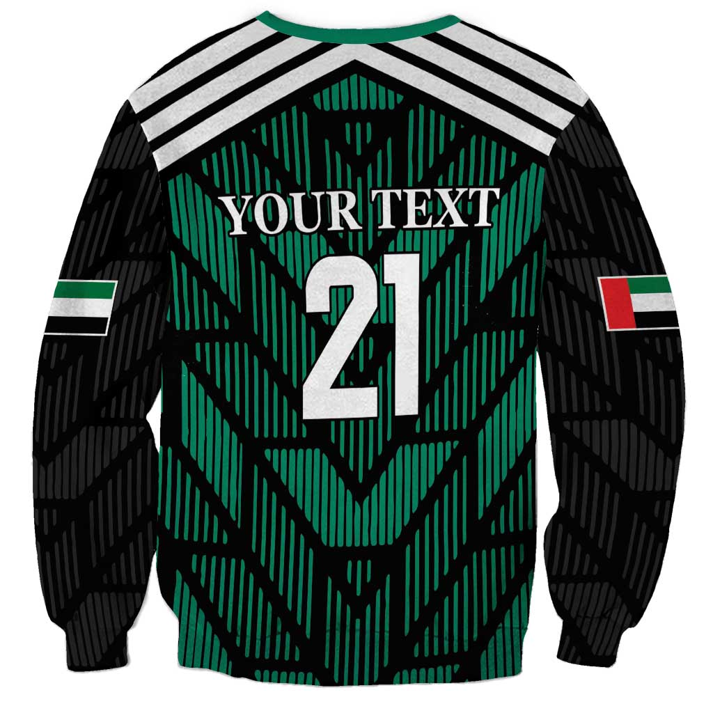 Green-and-black football sweatshirt with back print 'YOUR TEXT' and number 21, striped shoulders