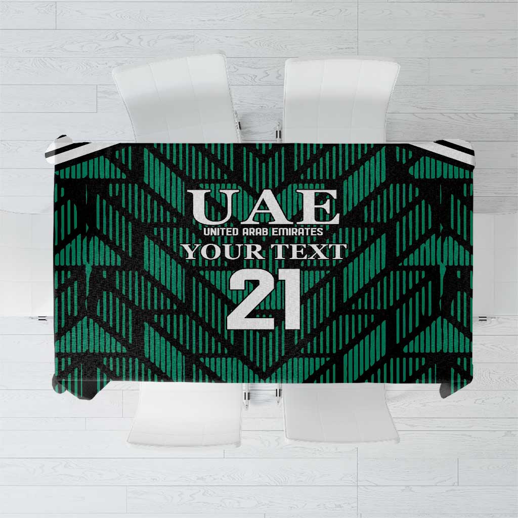 Green UAE football tablecloth with large '21' graphic at center
