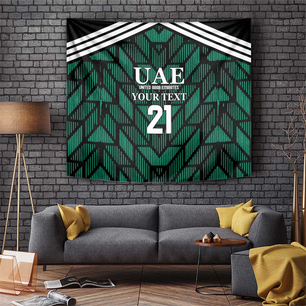 Green football tapestry with UAE crest, black/white stripes, 'YOUR TEXT' and 21.
