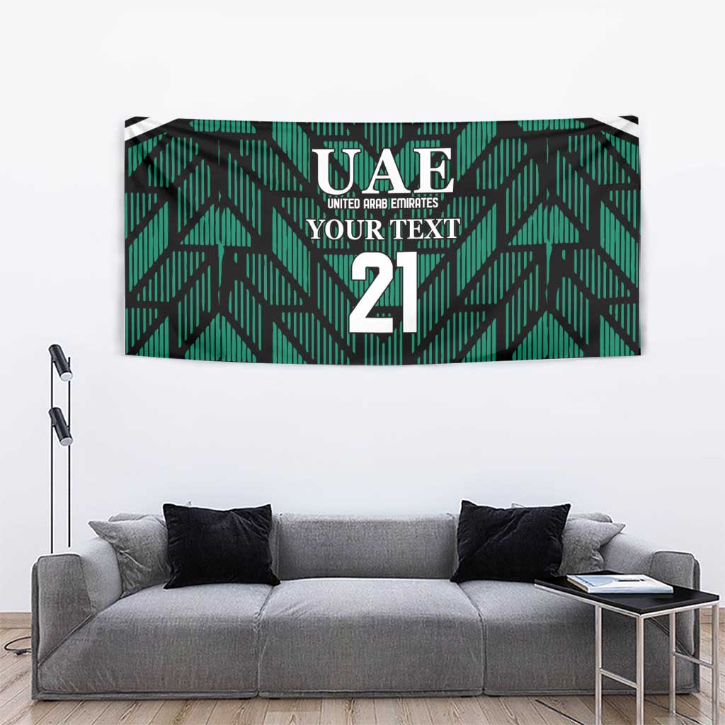 Green rectangular tapestry featuring UAE branding, 'YOUR TEXT', and number 21.