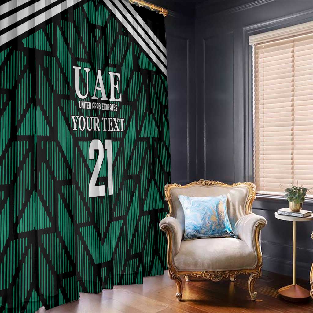 Green football-style curtain panels with UAE text, black-and-white diagonal stripes, number.