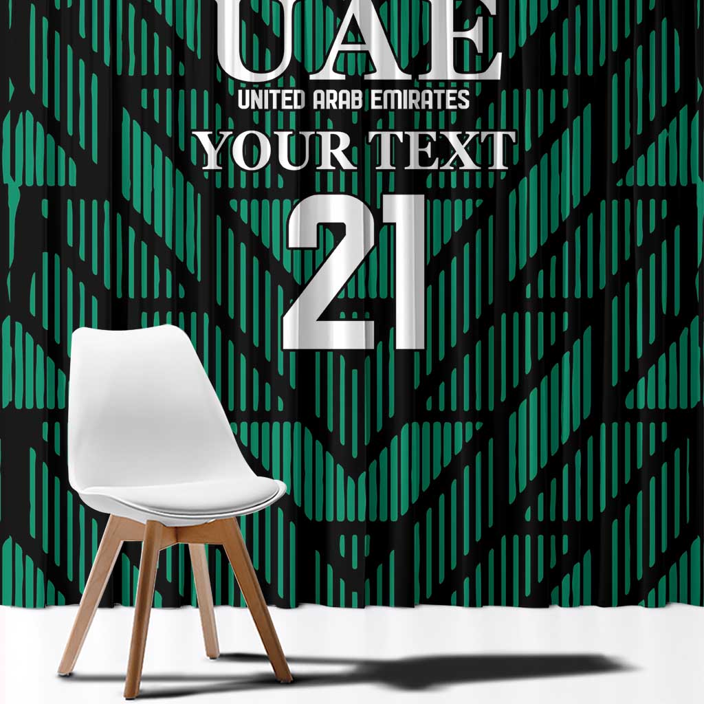 Green patterned window curtain with UAE logo, YOUR TEXT, and large number 21.
