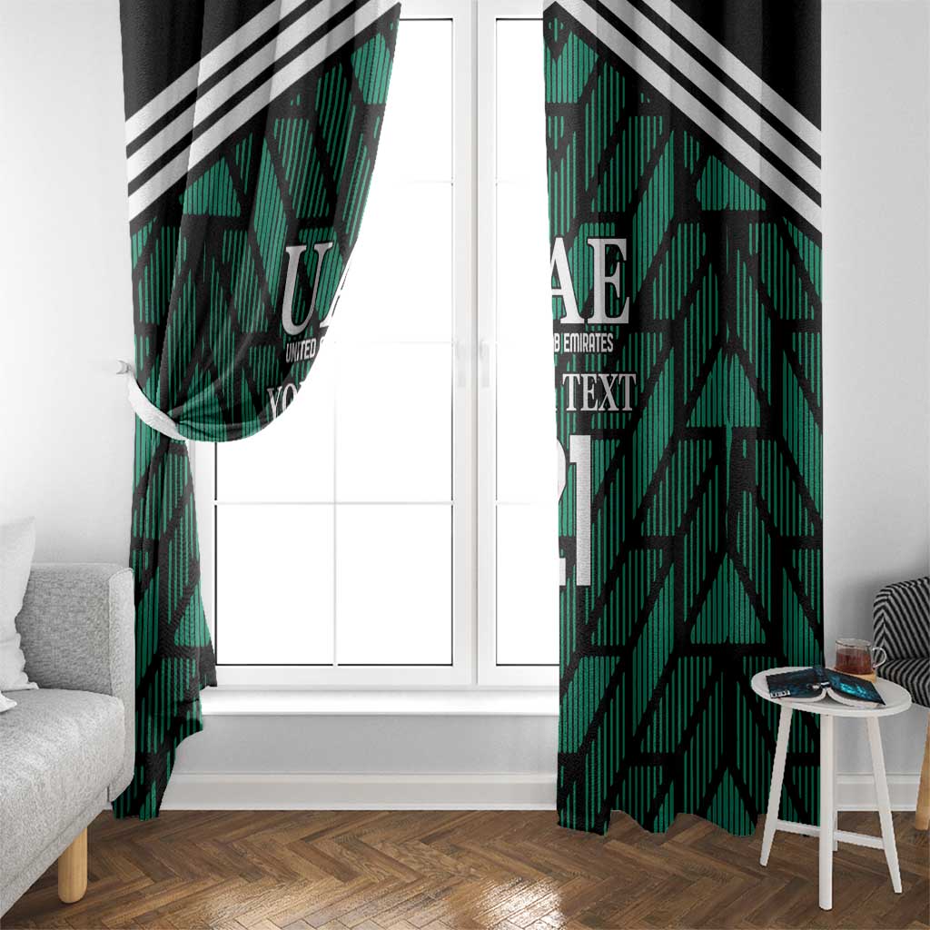 Green window curtain panels with UAE text and black-and-white stripe accents, number 17.