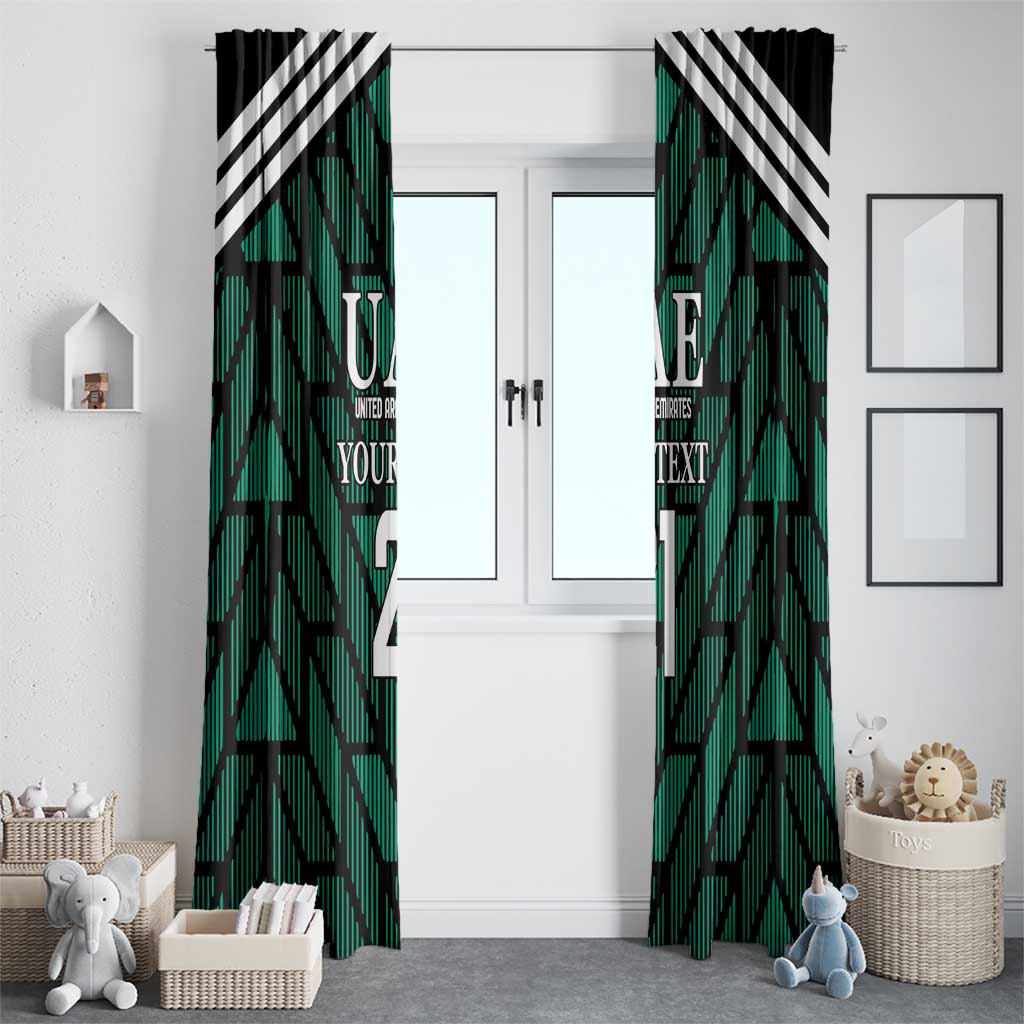 Green and black window curtain panels with UAE text, YOUR TEXT, and large number design.