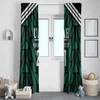 Green and black window curtain panels with UAE text, YOUR TEXT, and large number design.