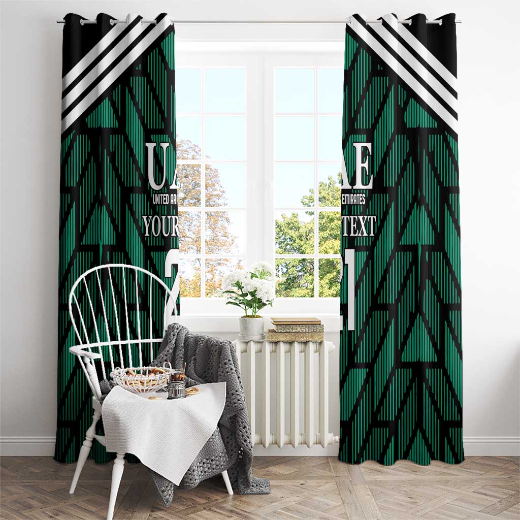 Green curtain panels with UAE logo, YOUR TEXT, black zigzag pattern, number 4.