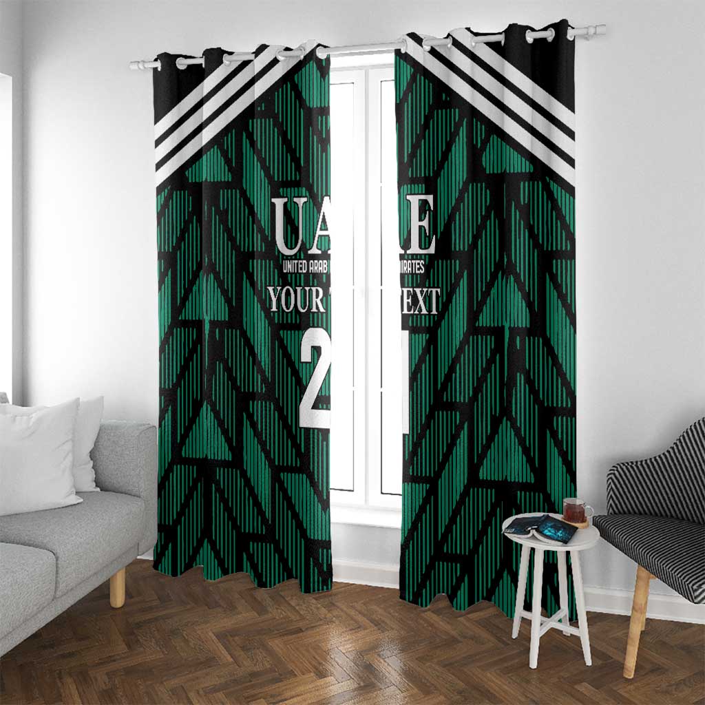 Green window curtain set with UAE text and black-and-white diagonal stripe detail.