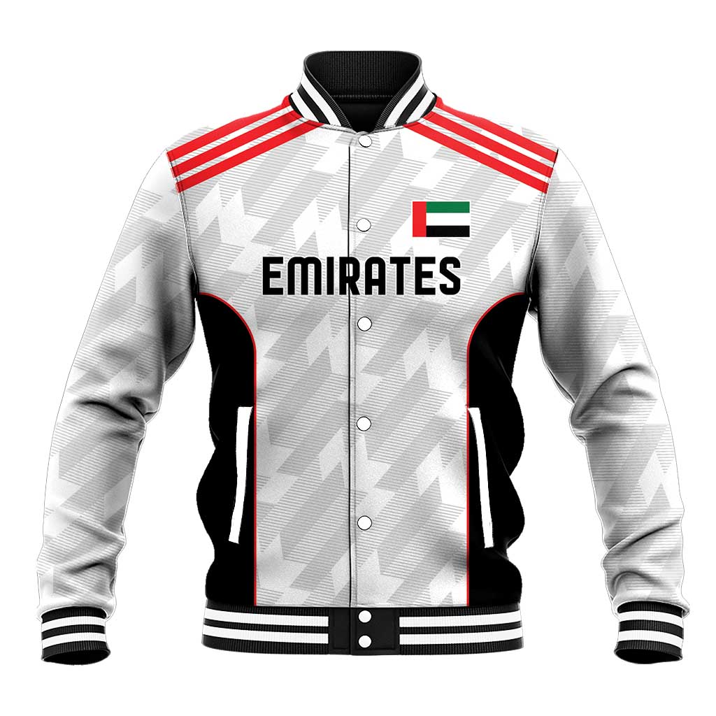 Unisex white baseball jacket with red shoulder stripes, black side panels, snap front