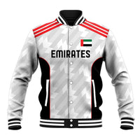 Unisex white baseball jacket with red shoulder stripes, black side panels, snap front