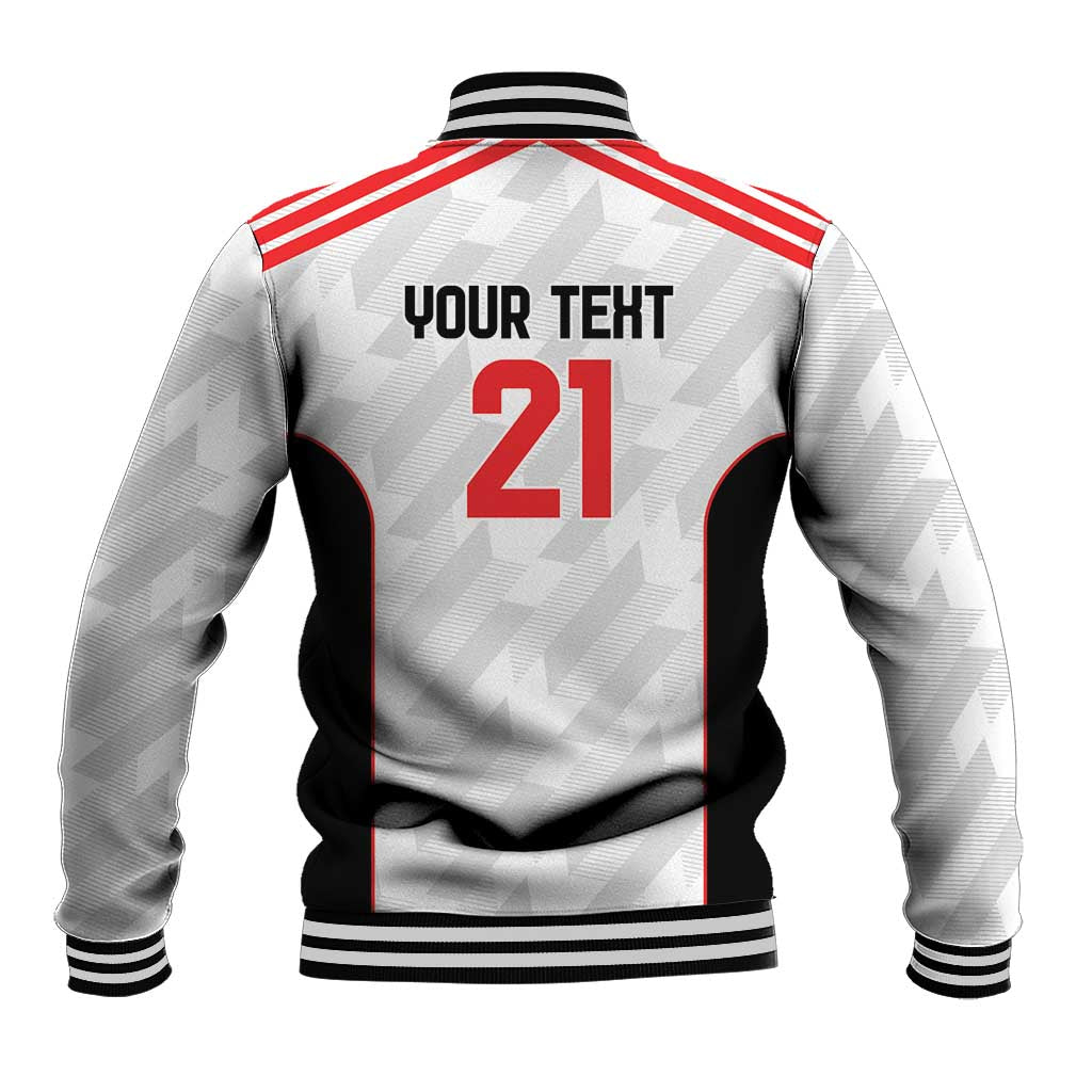 Unisex white football jacket back with red stripe shoulders, black panels, number 21