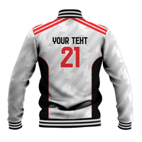 Unisex white football jacket back with red stripe shoulders, black panels, number 21