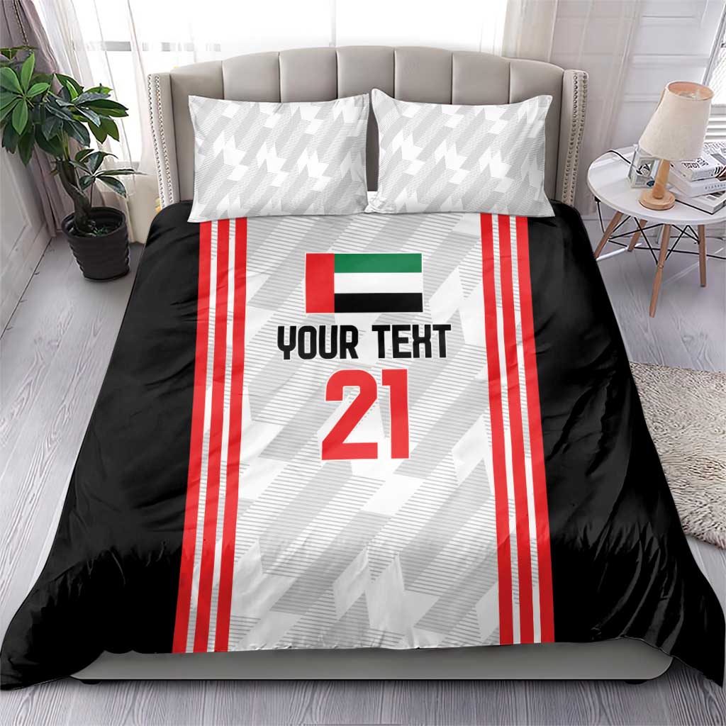 Football bedding set on a bed: black base, white jersey panel with red stripes, number 21, 2 pillows
