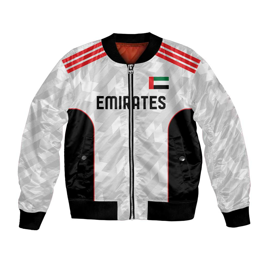 White unisex football bomber jacket with red sleeve stripes, full-zip, black side panels