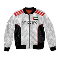 White unisex football bomber jacket with red sleeve stripes, full-zip, black side panels
