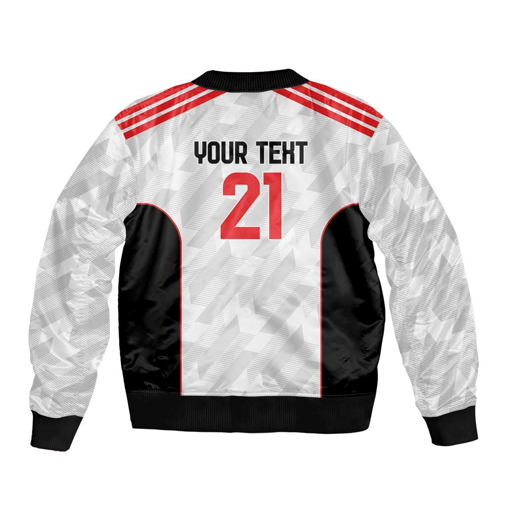 White unisex football bomber jacket back with red stripes, black pockets, ribbed trim, 21
