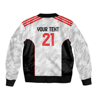 White unisex football bomber jacket back with red stripes, black pockets, ribbed trim, 21