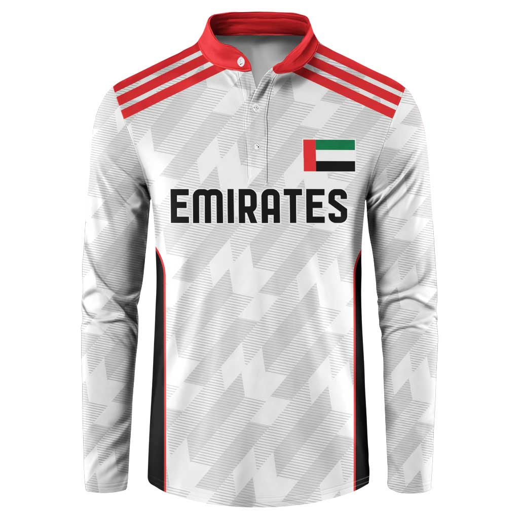 Men's white football button sweatshirt, red collar, Emirates front print, long sleeves