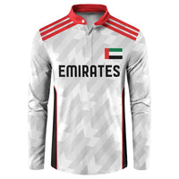 Men's white football button sweatshirt, red collar, Emirates front print, long sleeves