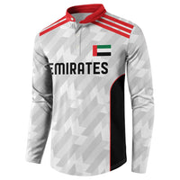 Men's white football button sweatshirt with red shoulder stripes, flag logo, black side panels