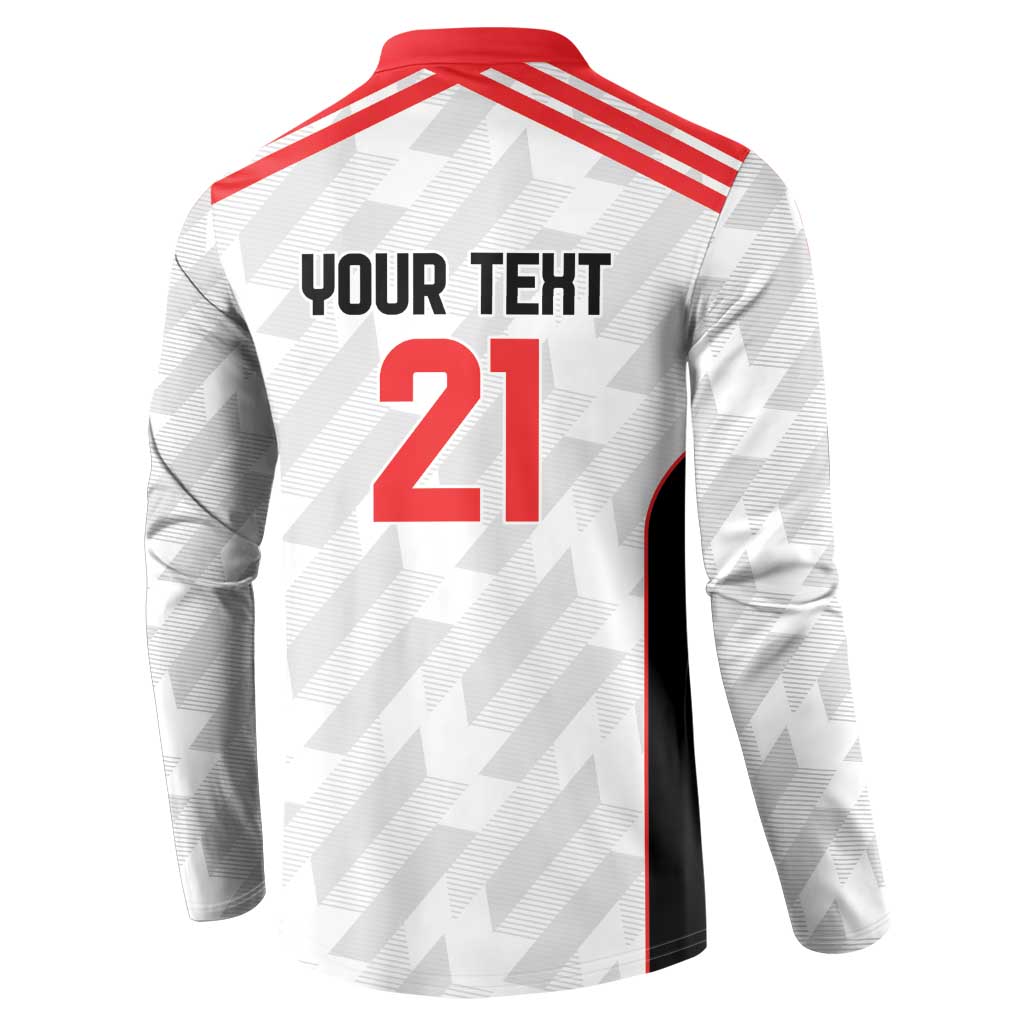Men's white football button sweatshirt, back 'YOUR TEXT' and 21, red shoulder stripes