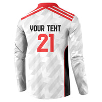 Men's white football button sweatshirt, back 'YOUR TEXT' and 21, red shoulder stripes