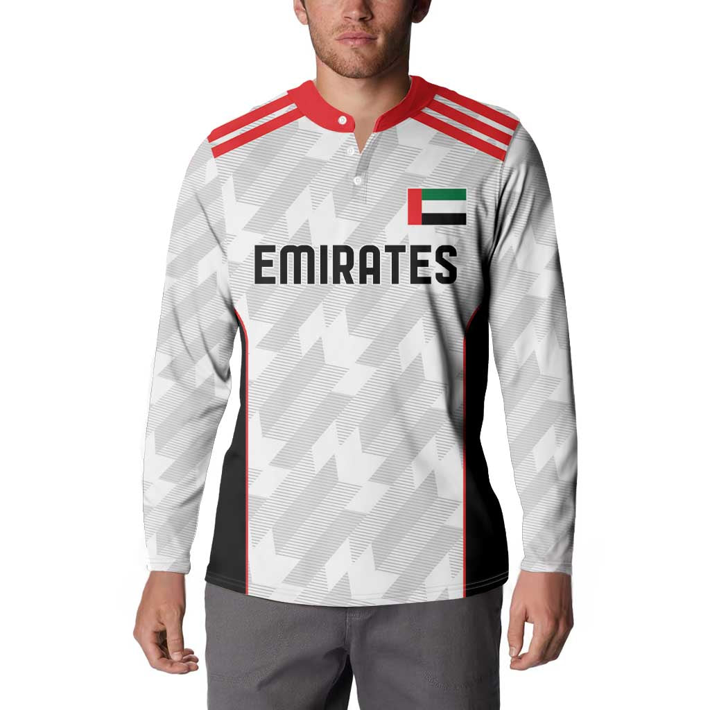 Men's white football button sweatshirt on model, red collar, Emirates front print, long sleeves