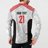 Men's white football button sweatshirt, back view with 'YOUR TEXT' 21 and red stripes