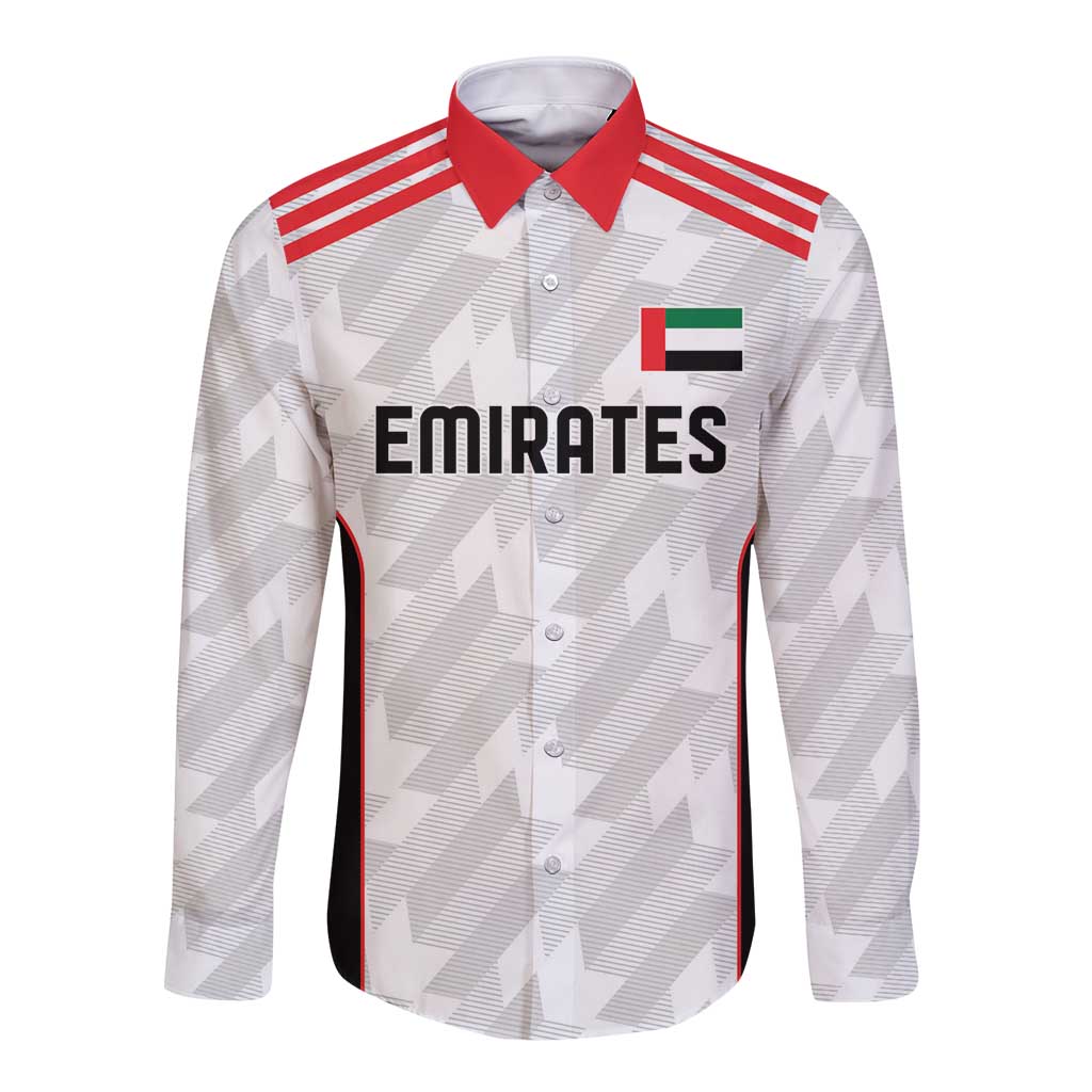White long-sleeve button football shirt with red collar and Emirates logo front