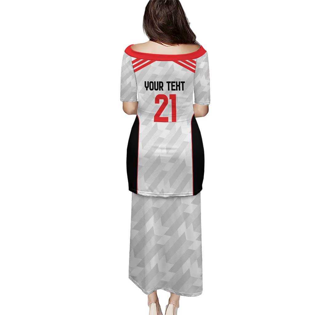 Long football dress back view with YOUR TENT text, red stripes, gray-white pattern