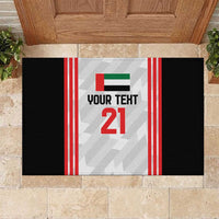 Custom rubber doormat with black sides, red/white stripes, UAE flag panel, “YOUR TEXT 21”