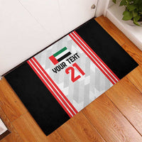 Rectangular rubber doormat showing “YOUR TEXT 21” on white center with red/white stripes