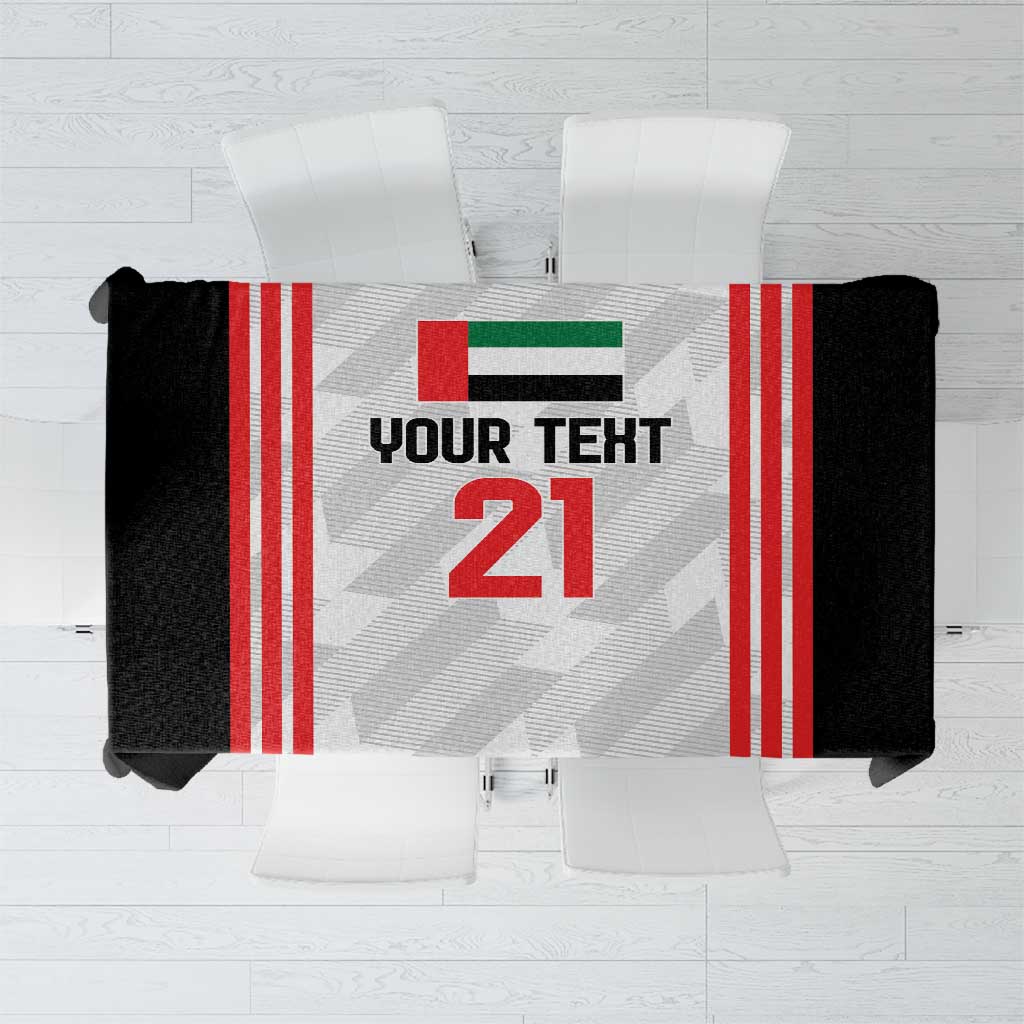 Football tablecloth in black, white, and red with vertical stripes and custom number panel