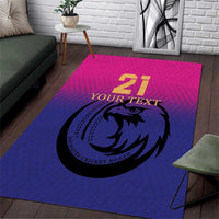 Custom cricket area rug, pink and blue with falcon logo and '21' graphic