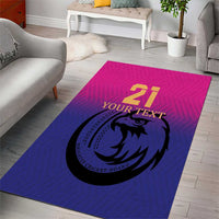 Custom cricket area rug, pink and blue with falcon emblem and '21' text