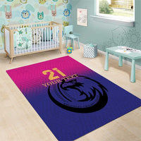 Custom cricket area rug for kids room, pink and blue with falcon emblem center