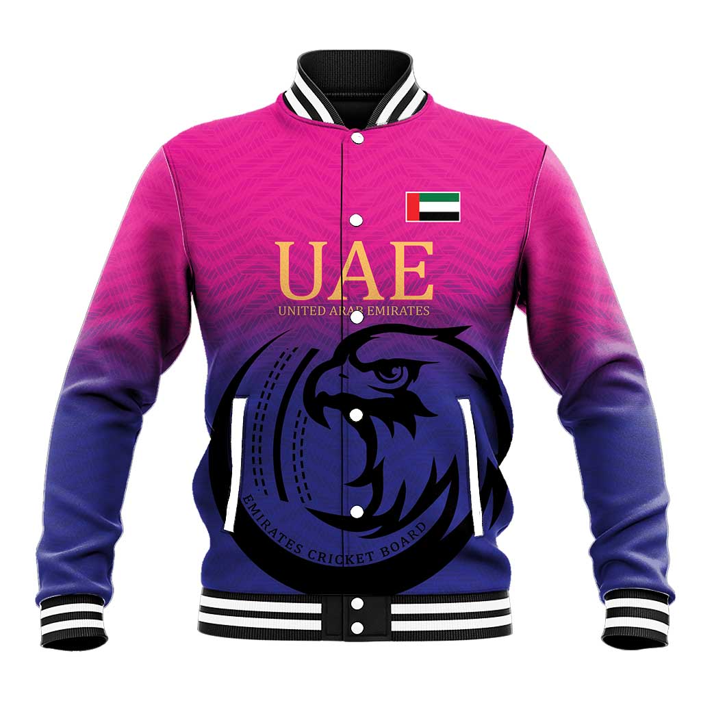 Pink and navy varsity baseball jacket with button front, striped collar, falcon crest