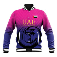 Pink and navy varsity baseball jacket with button front, striped collar, falcon crest