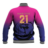 Pink and navy baseball jacket back with striped ribbed trim and number 21 falcon graphic