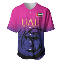 Pink cricket baseball jersey with UAE crest and flag patch, falcon graphic