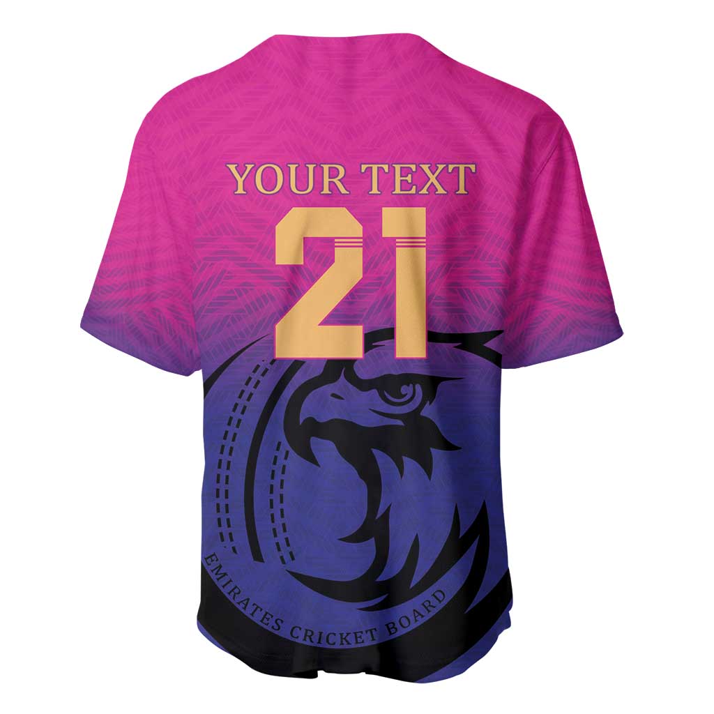 Pink cricket baseball jersey back with "YOUR TEXT 21" and falcon graphic