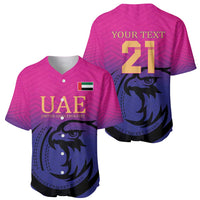 Pink cricket baseball jersey set: front UAE crest and back "YOUR TEXT 21"