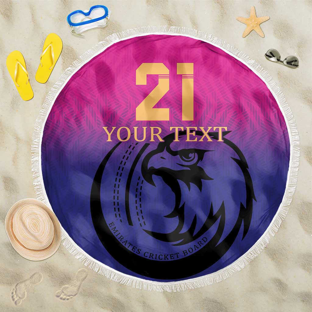 Pink round cricket beach blanket, fringed edge, custom text and number 21 design