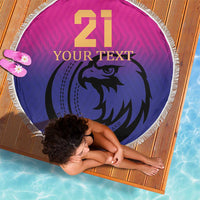 Pink round cricket beach blanket, fringed edge, lion-like cricket logo with number 21