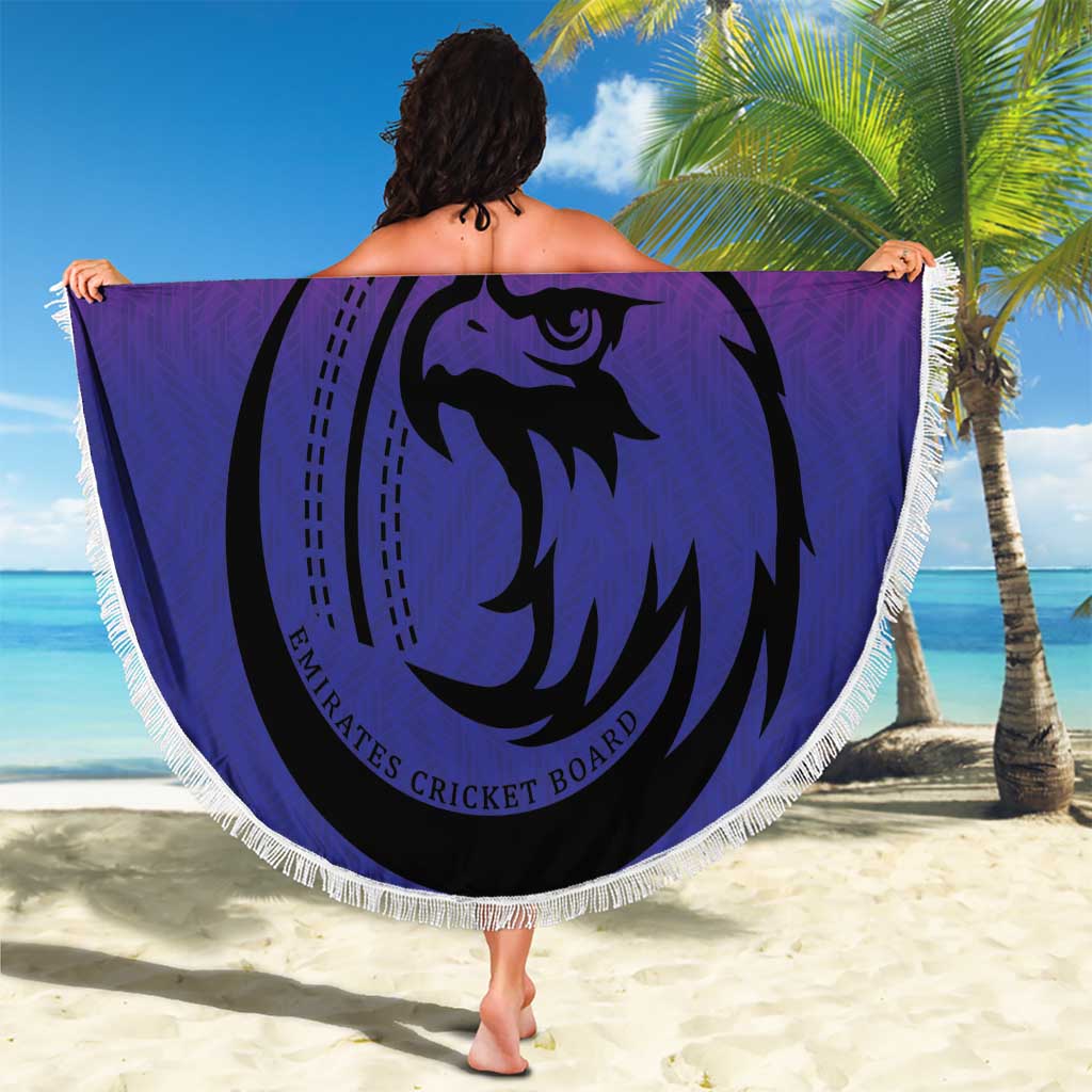 Pink round cricket beach blanket, fringed edge, large lion graphic and number 21