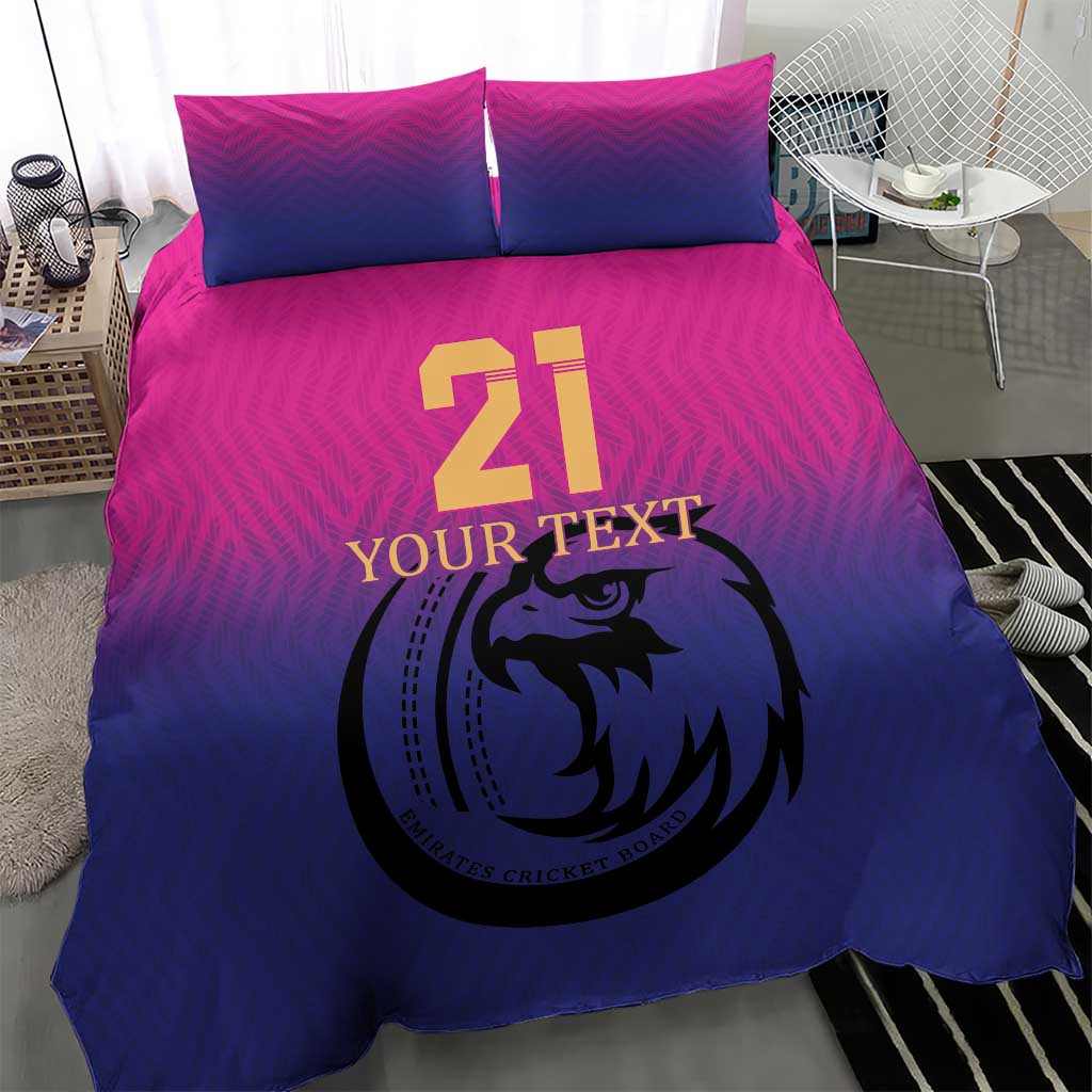 Pink and dark blue cricket duvet set with number 21 and falcon crest