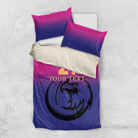 Pink and navy cricket bedding set with number 21 print, falcon logo, and zigzag texture