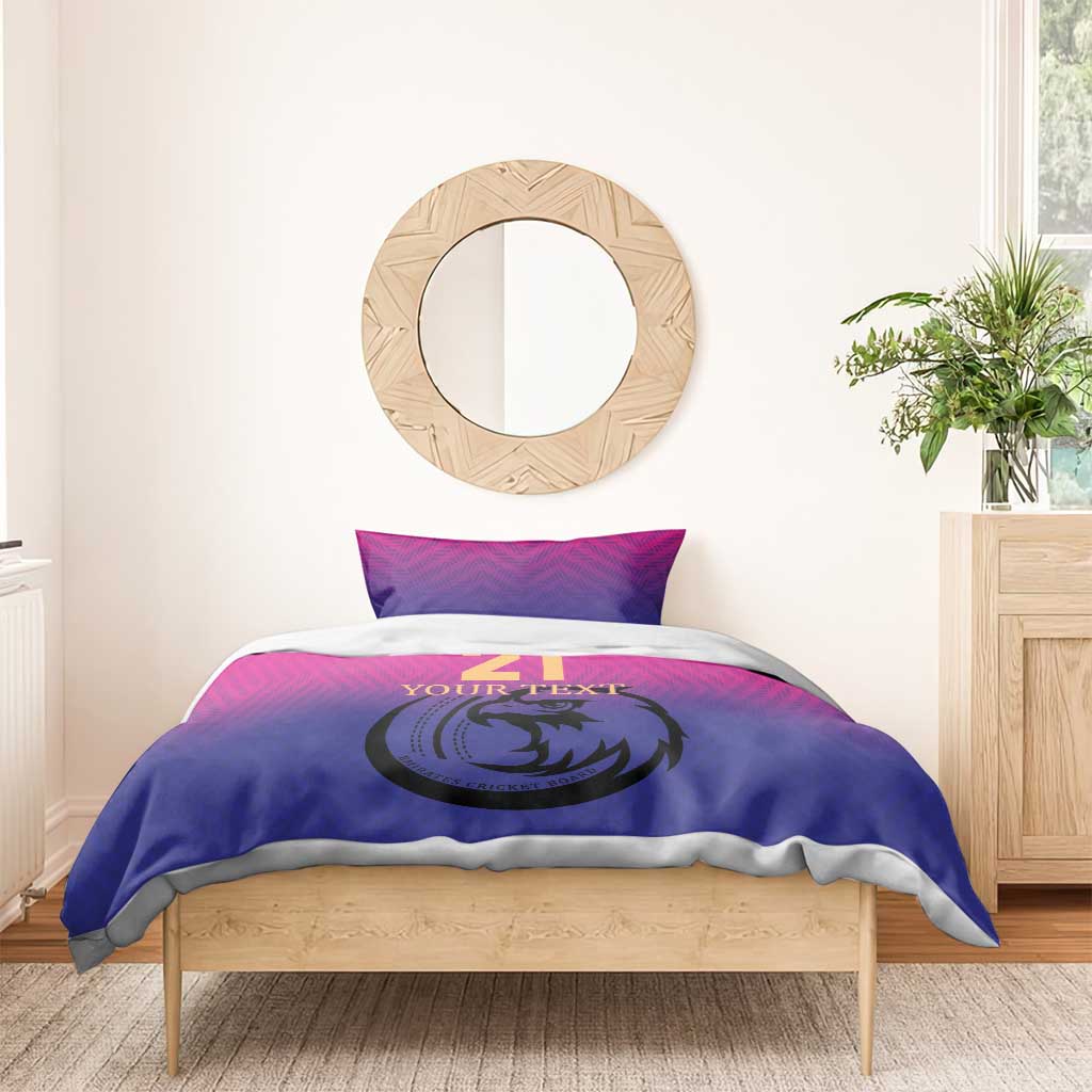 Pink and blue cricket bedding set with number 21 text and falcon circle logo